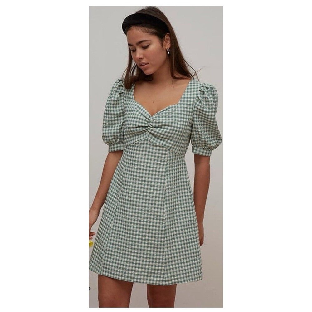 Nobody’s Child Penny Mini Dress In Green Gingham Size 6 Summer Cottagecore